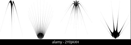 Black thin spiky element set. Abstract sharp thorn shapes and angular twinkles bundle. Futuristic spokes objects for poster design, collage, banner, logo, card, icon, label, sticker, badge. Vector Stock Vector