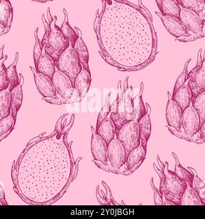 Seamless pattern with dragon fruits. Monochrome illustration in retro style. Stock Vector