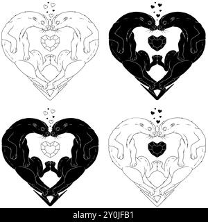 Vector design of Couple of otters in the shape of a heart, symbol of Valentine's Day with animals, love of nature with marine mammal Stock Vector