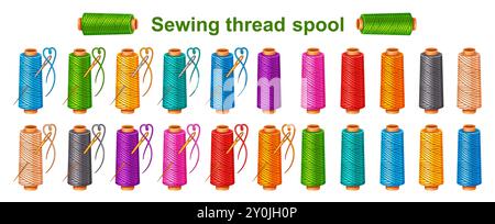Sewing thread spool with needle for handmade sew, color cotton yarn skein. Filament reel for needlework embroidery. Knitting string bobbin icon set Stock Vector