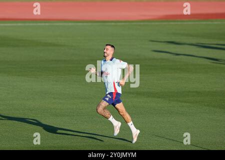 Madrid, Spain. 02nd Sep, 2024. Jose Luis Mato Sanmartin, known as Joselu of Spain warms up during the Spain training session at Ciudad del Futbol de Las Rozas. (Photo by Federico Titone/SOPA Images/Sipa USA) Credit: Sipa USA/Alamy Live News Stock Photo