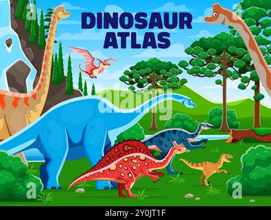 Atlas book cover, prehistoric dinosaurs and reptiles at natural landscape. Cartoon vector storybook with ancient creature species in a lush, green environment with tropical forest plants and waterfall Stock Vector