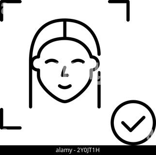 Woman face scan and checkmark. Secure login, biometric id verification passed. Pixel perfect vector icon Stock Vector
