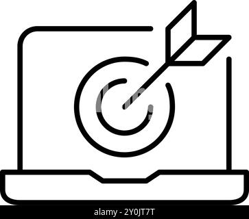 Arrow hitting target on laptop screen. Desktop optimization, precise web analytics or market targeting. Pixel perfect vector icon Stock Vector