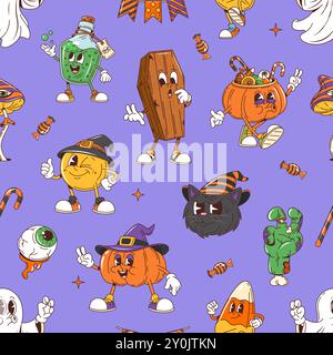 Cartoon Halloween groovy characters seamless pattern. Vector festive tile background with playful pumpkin, ghost, candy corn or coffin, black cat, eyeball, potion flask, zombie hand cartoon personages Stock Vector