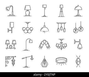 Lamp line icons, lantern and chandelier, candle and spotlight, halogen and flashlight, vector interior illumination. Home lights and lamp bulbs of ceiling chandelier or table and wall lamp sconce Stock Vector
