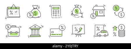 Loan interest rate doodle icon set. Hand drawn sketch doodle line style bank money loan interest rate icon for house, car discount percentage concept. Trendy cute element. Vector illustration Stock Vector