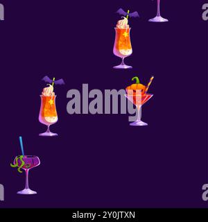 Cartoon Halloween cocktails seamless pattern. Vector tile background featuring an array of festive drink cups and glasses decorated with straws and spooky elements like bats, pumpkins and eyeballs Stock Vector