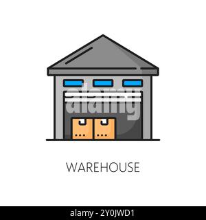 Color warehouse line icon of vector logistics, storage, cargo carriage, delivery and shipping service. Building of warehouse, depot or storehouse with boxes, packages or containers outline symbol Stock Vector