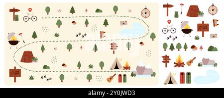 Camping and Hiking map creator and set flat elements for creating kids camp. Nature plan with mountains, bike, trees and other stickers for summer trip. Vector illustration Stock Vector