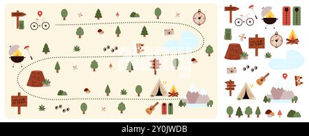 Camping and Hiking map creator and set flat elements for creating childrens camp. Nature plan with mountains, bike, trees and other stickers for summer trip. Vector illustration Stock Vector