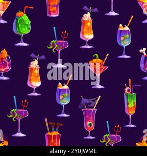 Cartoon Halloween cocktails seamless pattern. Vector tile background featuring an array of festive drink cups and glasses decorated with straws and spooky elements like bats, pumpkins and eyeballs Stock Vector