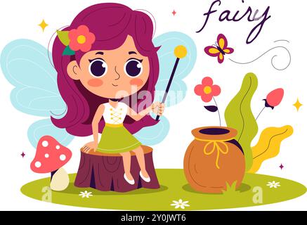 Beautiful Flying Fairy Vector Illustration with Elf, Landscape, Tree, and Green Grass in a Flat Style Kids Cartoon Background Stock Vector