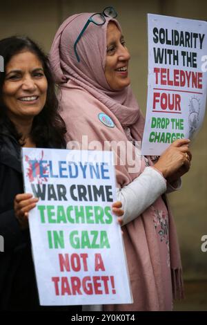 Bradford, UK. 02nd Sep, 2024. Supporters hold placards criticising Teledyne during the demonstration outside court. Four Palestine Action activists started their trial at Bradford Crown Court on Monday 2 September after occupying and allegedly causing damage to the roof at Teledyne in Shipley in April 2024. The protesters took direct action as Teledyne make components for the F-35 fighter jet used by Israel against the Palestinian people in Gaza and elsewhere. The court case is scheduled to last a week Credit: SOPA Images Limited/Alamy Live News Stock Photo