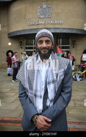 Bradford, UK. 02nd Sep, 2024. One of the defendants joins the protesters during the demonstration outside court. Four Palestine Action activists started their trial at Bradford Crown Court on Monday 2 September after occupying and allegedly causing damage to the roof at Teledyne in Shipley in April 2024. The protesters took direct action as Teledyne make components for the F-35 fighter jet used by Israel against the Palestinian people in Gaza and elsewhere. The court case is scheduled to last a week (Photo by Martin Pope/SOPA Images/Sipa USA) Credit: Sipa USA/Alamy Live News Stock Photo