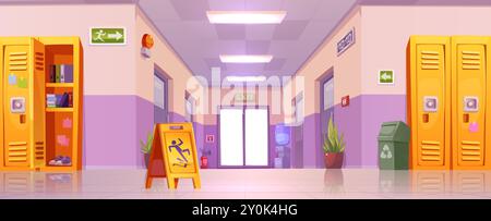 Empty school corridor with closed and open locker with student books and shoes, classroom and exit doors, water bottle and fire extinguisher, trash bin and plants, bell on wall and slippery floor sign Stock Vector