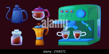 Barista coffee machine set for shop or cafe vector. Manual method, kettle and alternative equipment for kitchen in cafeteria game object collection. Coffeehouse clipart for morning espresso or filter Stock Vector