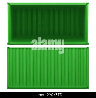 Green ship cargo container. Open storage box side. Export warehouse crate for delivery. 3d large metal truck for shipment from dock. Big industrial trade package mockup realistic graphic set Stock Vector