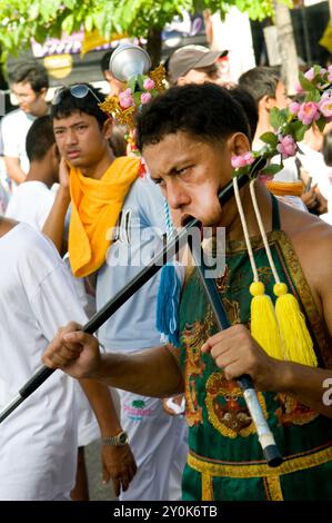 The unique and bizarre Vegetarian festival in Phuket, Thailand. Stock Photo