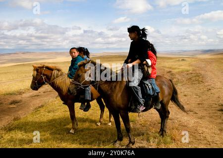 A traditional nomadic family in the Orkhon Valley area of central ...