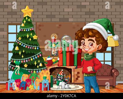 Boy holding gift by decorated Christmas tree Stock Vector