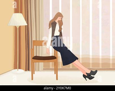 The woman who leans and sits on a chair in the room of a hotel Stock Photo