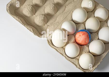 Easter concept. A painted Easter egg among white eggs on a cardboard box on a white background. Top view Stock Photo