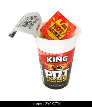 King Pot Noodle Bombay bad boy noodles in a hot curry flavour sauce Stock Photo