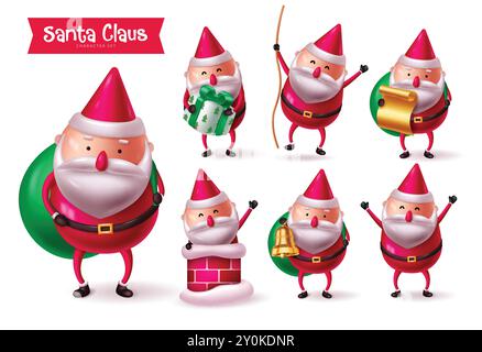 Christmas santa claus character vector set design. Santa claus character holding sack, gift, bell, rope elements in cute smiling, funny waving Stock Vector