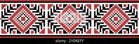 Traditional ornament seamless pattern, geometric style cross stitch embroidery, decorative ethnic texture. Pixel art decorative pattern, black, red an Stock Vector