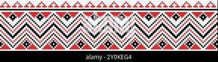 Traditional ornament seamless pattern, geometric style cross stitch embroidery, decorative ethnic texture. Pixel art decorative pattern, black, red an Stock Vector