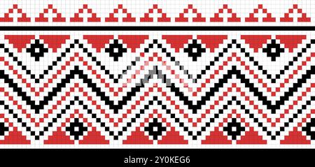 Traditional ornament seamless pattern, geometric style cross stitch embroidery, decorative ethnic texture. Pixel art decorative pattern, black, red an Stock Vector
