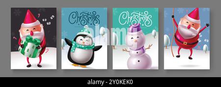 Christmas greetings characters vector poster set design. Christmas character like singing santa claus holding gift and rope, smiling snowman Stock Vector