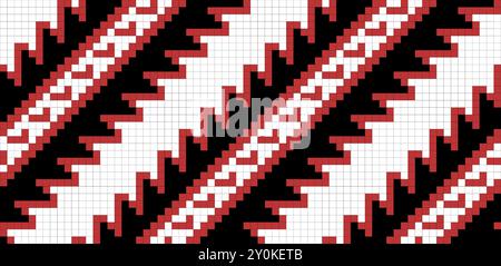 Traditional ornament seamless pattern, geometric style cross stitch embroidery, decorative ethnic texture. Pixel art decorative pattern, black, red an Stock Vector