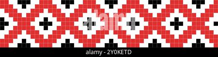 Traditional ornament seamless pattern, geometric style cross stitch embroidery, decorative ethnic texture. Pixel art decorative pattern, black, red an Stock Vector