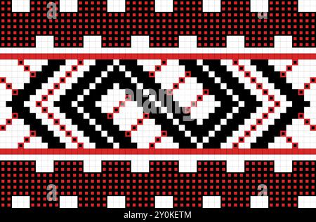 Traditional ornament seamless pattern, geometric style cross stitch embroidery, decorative ethnic texture. Pixel art decorative pattern, black, red an Stock Vector