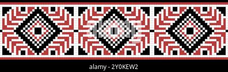Traditional ornament seamless pattern, geometric style cross stitch embroidery, decorative ethnic texture. Pixel art decorative pattern, black, red an Stock Vector