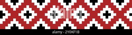 Traditional ornament seamless pattern, geometric style cross stitch embroidery, decorative ethnic texture. Pixel art decorative pattern, black, red an Stock Vector