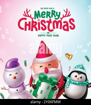 Christmas greeting card vector poster design. Merry christmas text with singing santa claus holding gift box, cute snowman and cheerful penguin Stock Vector
