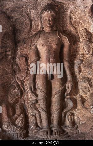 Bahubali carved on walls of Jain temple cave-4, Badami, Karnataka, India . Stock Photo