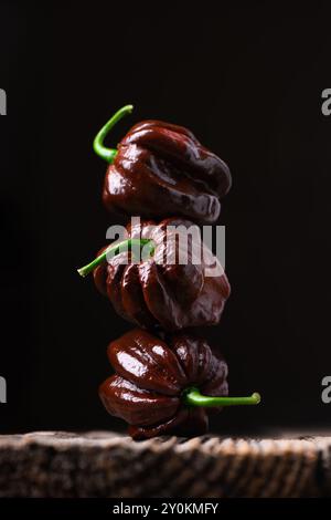 Tower from ripened chocolate habanero peppers (capsicum chinense) on black background. Very hot mexican peppers on rustic wooden table close up Stock Photo