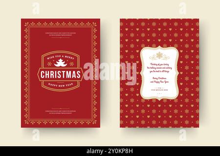 Christmas greeting card vintage typographic design, ornate decorations symbols with tree, winter holidays wish, ornaments and frame. Vector illustrati Stock Vector