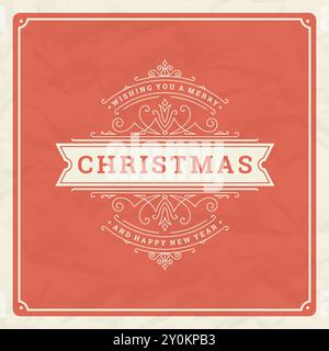 Merry christmas and happy new year text greeting card vintage typographic design, ornate decoration with winter holidays wish, ornament and frame. Vec Stock Vector