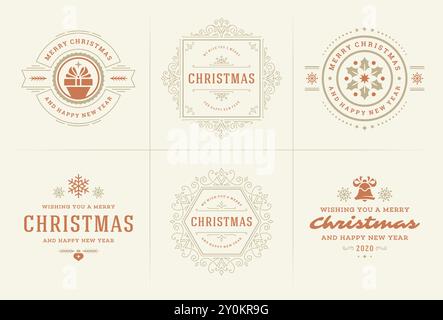 Christmas vector ornate labels and badges set, happy new year and winter holidays wishes typography for greeting cards, gifts and banners, ornament de Stock Vector