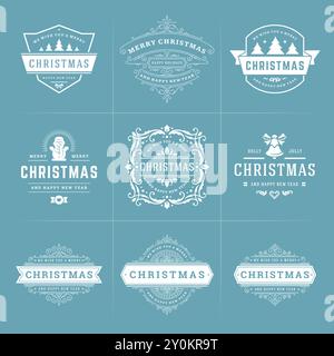 Christmas vector ornate labels and badges set with happy new year holidays wishes typography for greeting cards, gifts and banners, ornament decoratio Stock Vector