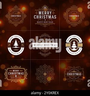 Christmas vector ornate labels and badges set, happy new year and winter holidays wishes typography for greeting cards, gifts and banners, ornament de Stock Vector