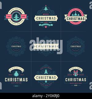 Merry Christmas vector ornate labels and badges set happy new year and holidays wishes. Vintage typography for greeting card, gift and banner. Ornamen Stock Vector