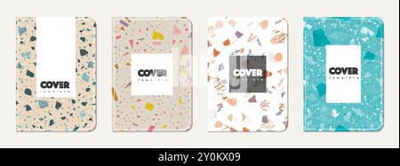 Notebook cover design. Terrazzo abstract background made of natural stones, granite, quartz and marble. Venetian terrazzo texture notebook cover templ Stock Vector