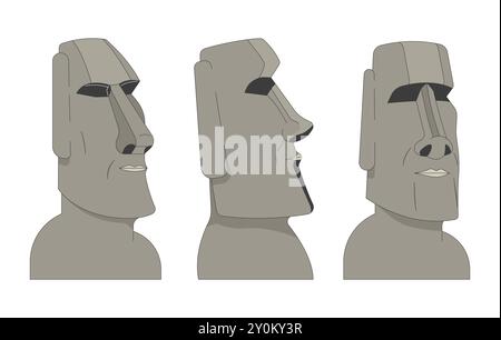 Group of Moai statues 2D linear cartoon objects set Stock Vector