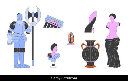 Ancient museum artifacts 2D linear cartoon objects set Stock Vector